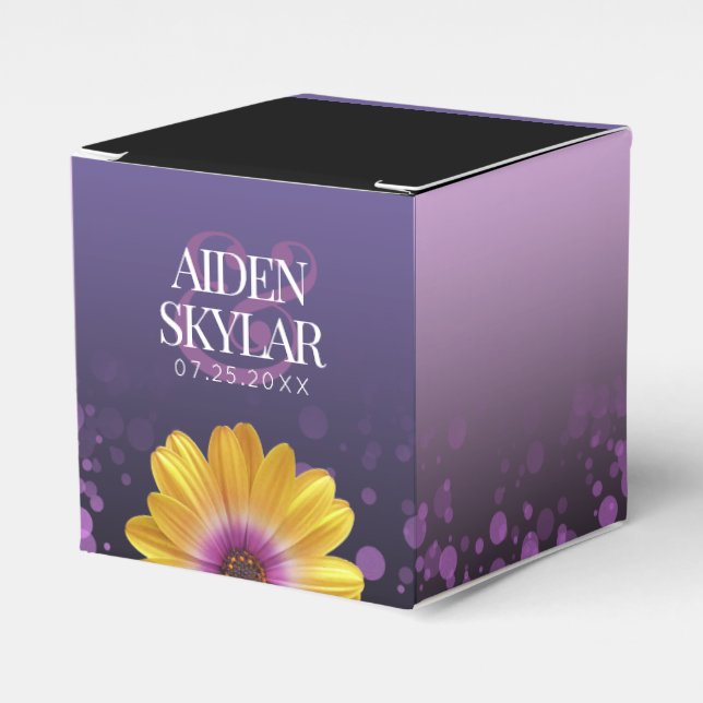 Elegant Golden Daisies with Purple Glitter Wedding Favour Box (Front Side)