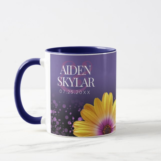 Elegant Golden Daisies with Purple Glitter Wedding Mug (Left)