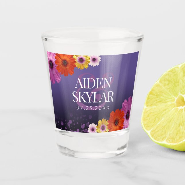 Elegant Golden Daisies with Purple Glitter Wedding Shot Glass (Front)