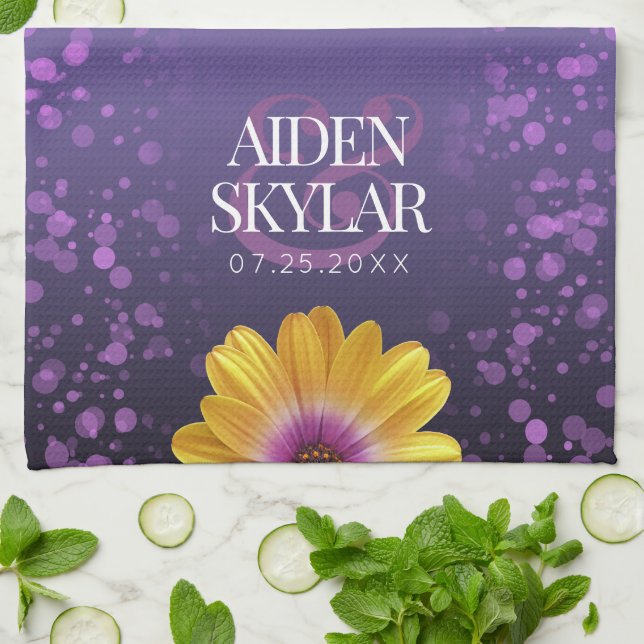 Elegant Golden Daisies with Purple Glitter Wedding Tea Towel (Folded)