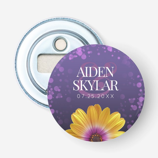 Elegant Golden Daisy with Purple Glitter Wedding Bottle Opener (Front)