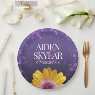 Elegant Golden Daisy with Purple Glitter Wedding Paper Plate