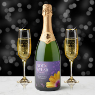 Elegant Golden Daisy with Purple Glitter Wedding Sparkling Wine Label