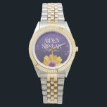 Elegant Golden Daisy with Purple Glitter Wedding Watch<br><div class="desc">Commemorate your special day with this stylish floral-themed wedding wristwatch,  which features elegant white lettering with lavender purple confetti and a golden African daisy on a violet purple to black background. Add newlyweds' names and wedding date. 

Design © W.H. Sim. See more at zazzle.com/expressionsoccasions</div>