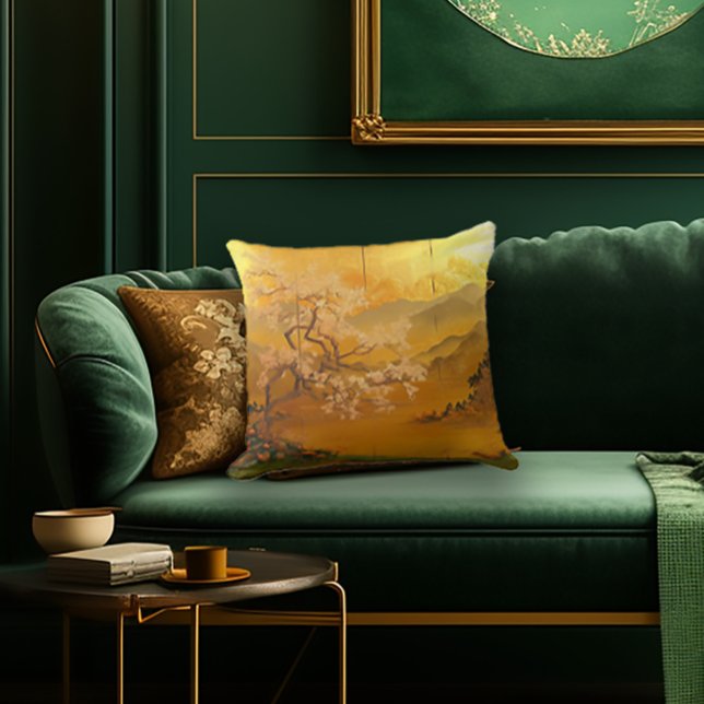 Elegant 'Golden Dawn' Ancient Asia Inspired  Cushion (Stylish Edo-Japan Era Cherry Blossom Decorative Asian Throw Pillow)