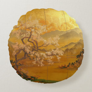 Elegant 'Golden Dawn' Ancient Asia Inspired Round Cushion