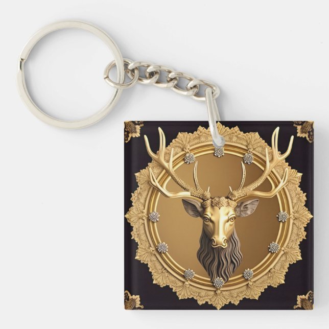 Elegant Golden Deer Emblem with Ornate Frame Key Ring (Front)