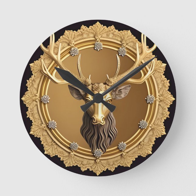 Elegant Golden Deer Emblem with Ornate Frame Round Clock (Front)