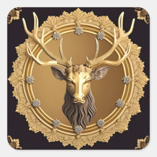 Elegant Golden Deer Emblem with Ornate Frame Square Sticker