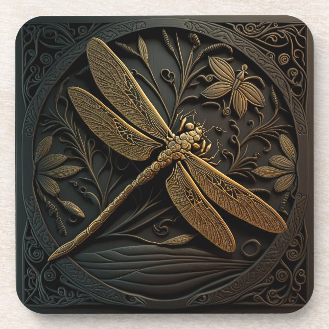 Elegant Golden Dragonfly in Bronze Filigree Coaster (Front)