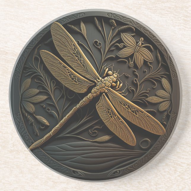 Elegant Golden Dragonfly in Bronze Filigree Coaster (Front)
