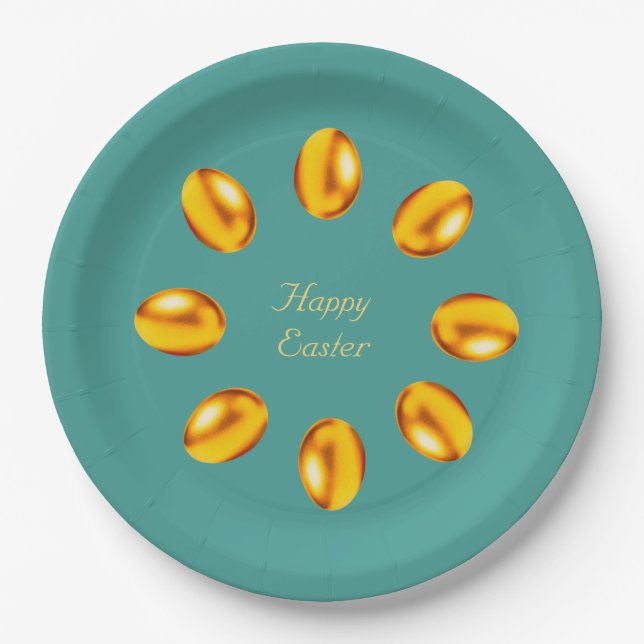 Elegant Golden Easter Eggs on Teal Paper Plate (Front)
