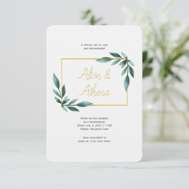 Elegant Golden Eucalyptus Leaves Greenery Invitation (Standing Front)