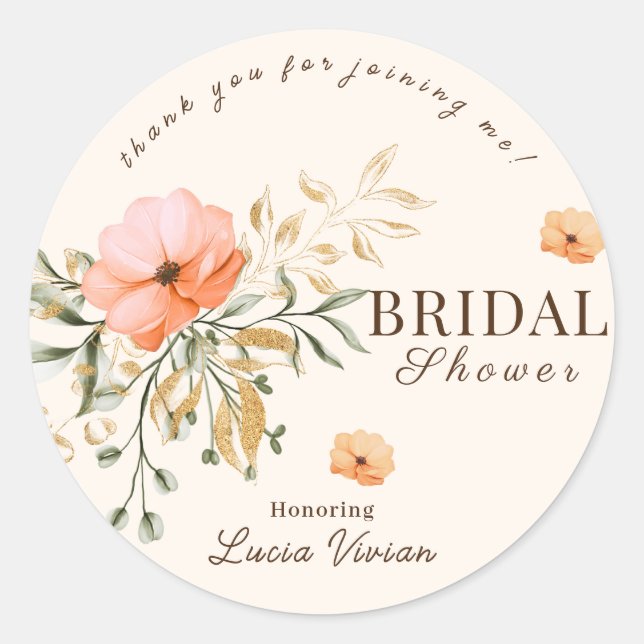 Elegant Golden Fall flower Thank You Bridal Shower Classic Round Sticker (Front)
