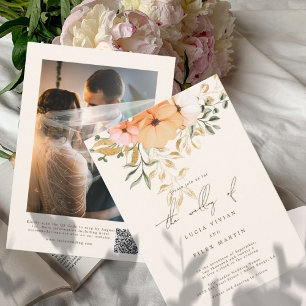 Elegant Golden Fall flowers Photo&QR Code Wedding Invitation