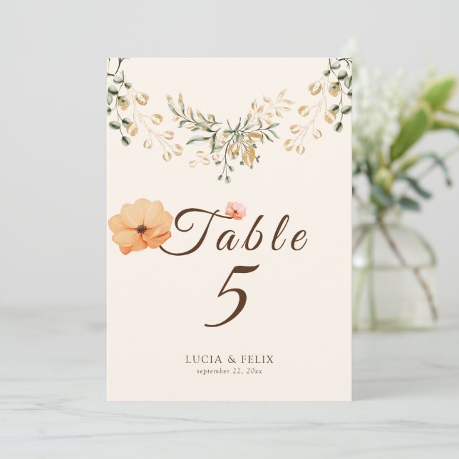 Elegant Golden Fall flowers Table Number Card (Standing Front)