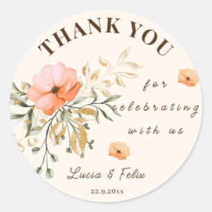 Elegant Golden Fall flowers Thank You Wedding Classic Round Sticker