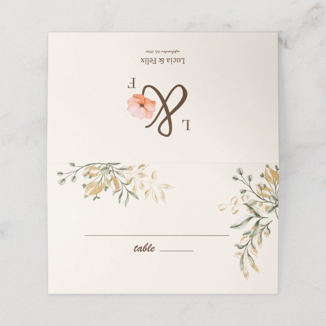 Elegant Golden Fall flowers Wedding Place Card (Outside Unfolded)