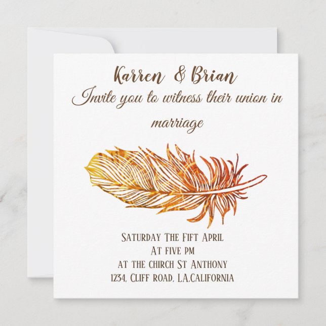Elegant , Golden Feather  Wedding  Invitation (Front)