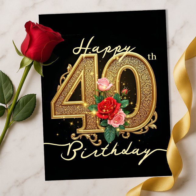 Elegant Golden Filigree Ruby Rose 40th Birthday Postcard (Creator Uploaded)