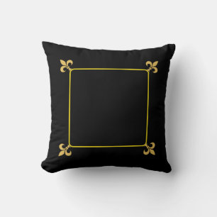 Elegant Golden Fleur de Lis Flowers on Black Cushion