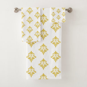 Elegant Golden Fleur de Lis Pattern on White Bath Towel Set