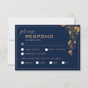 Elegant Golden Floral Foliage Navy blue RSVP Card