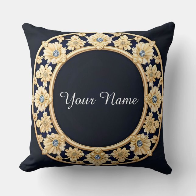 Elegant Golden Floral Frame Cushion (Front)