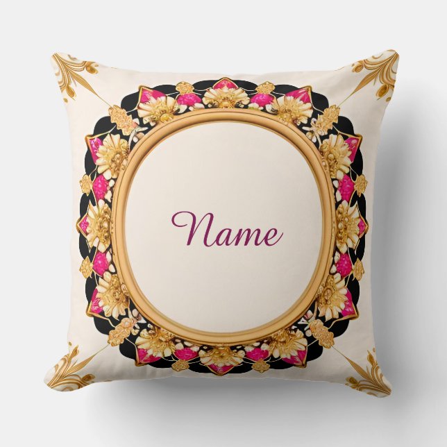 Elegant Golden Floral Frame Cushion (Front)