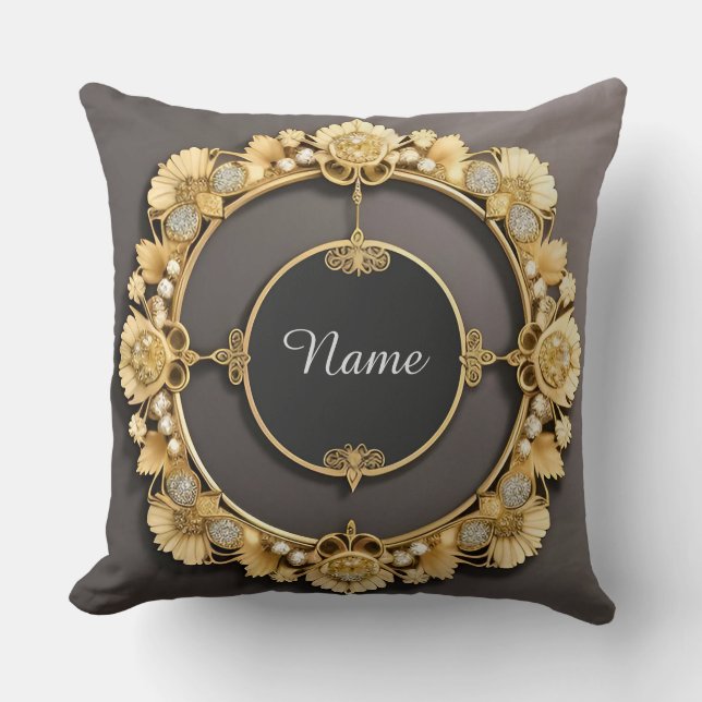 Elegant Golden Floral Frame Cushion (Front)