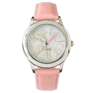 Elegant Golden Floral Line Art Kids Pink Leather Watch