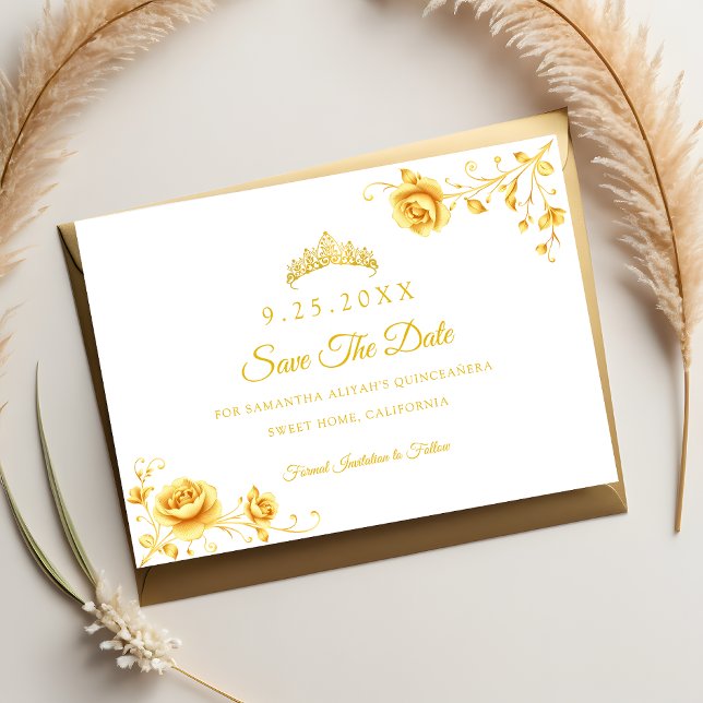 Elegant Golden Floral Minimalist Quinceanera Save The Date (Creator Uploaded)