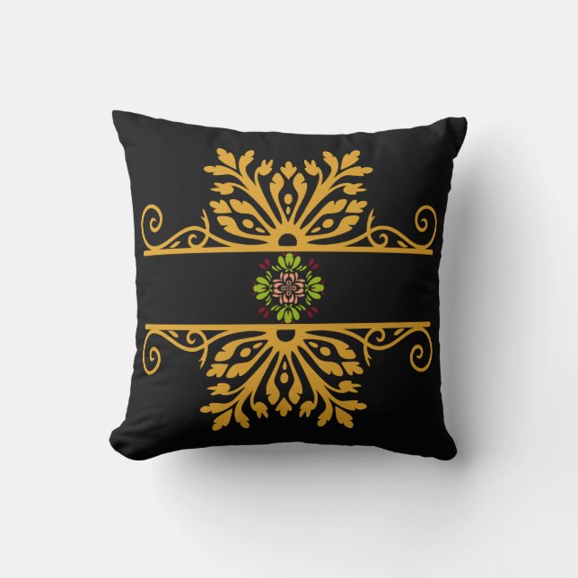 Elegant Golden Floral Ornament Baroque Style Cushion (Front)