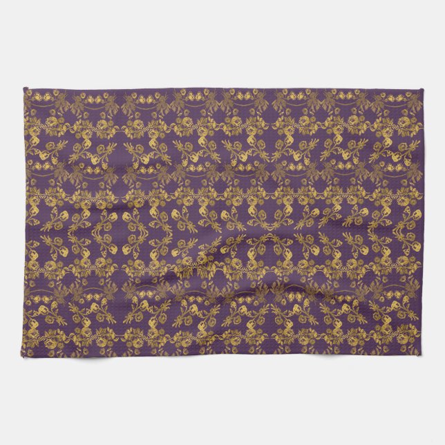 Elegant Golden floral print pattern on purple Tea Towel (Horizontal)