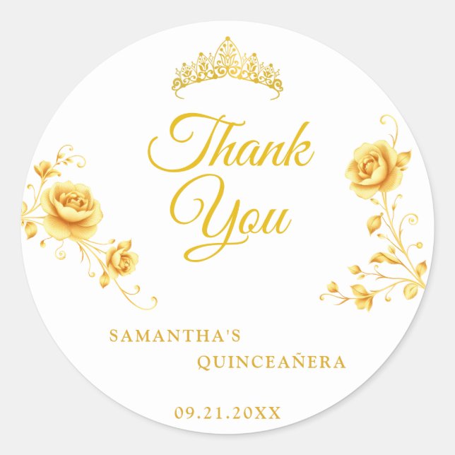 Elegant Golden Floral Quinceañera Thank You Classic Round Sticker (Front)