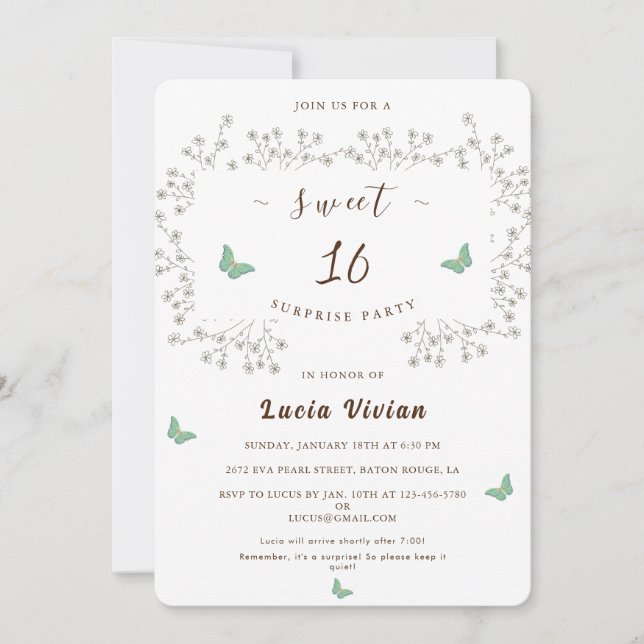 Elegant Golden Floral Sweet 16 Surprise Party Invitation (Front)