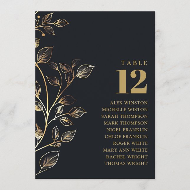 Elegant Golden Floral Table Number Seating Chart (Front)