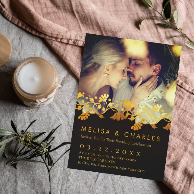 Elegant golden flourish monogram floral photo (Gold foil photo wedding invitation)