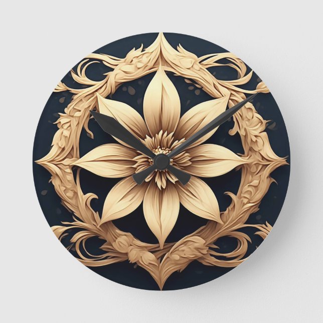 Elegant Golden Flower Design Round Clock (Front)