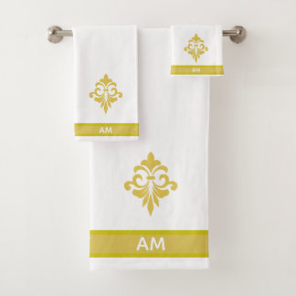 Elegant Golden Flower, Monogram & Stripe on White Bath Towel Set