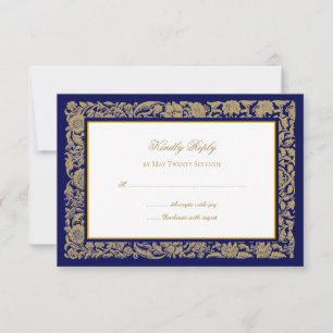 Elegant Golden Flowers and Dark Blue Wedding RSVP Card