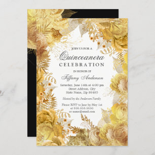 Elegant Golden Flowers Quinceanera Celebration Invitation