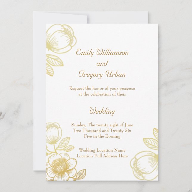 Elegant Golden Flowers Wedding Invitation (Front)