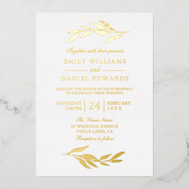 Elegant Golden Foil Leaf Modern Wedding (Front)