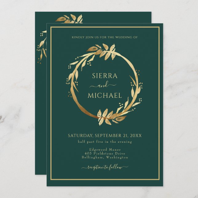 Elegant Golden Foliage Emerald Green Wedding Invitation (Front/Back)