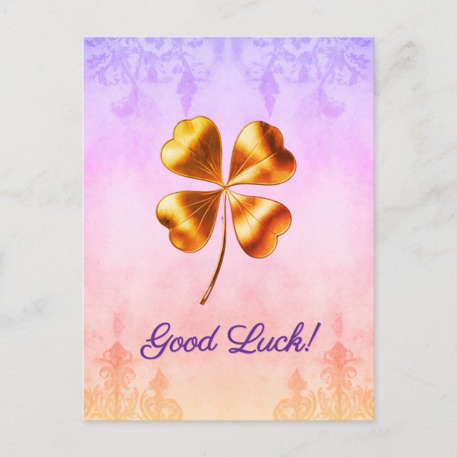 Elegant Golden Four-Leaf Clover Good Luck Postcard (Front)