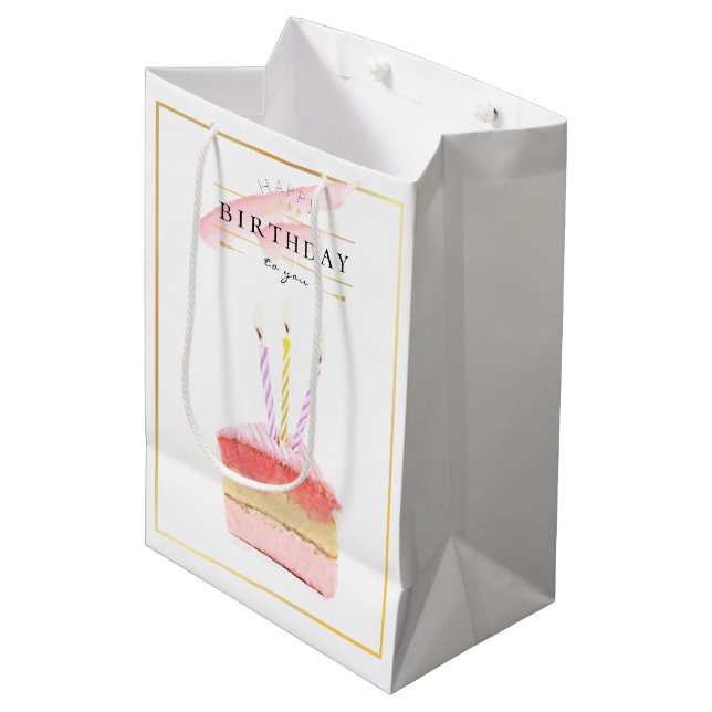 Elegant Golden Frame Birthday Cake Slice Medium Gift Bag (Front Angled)