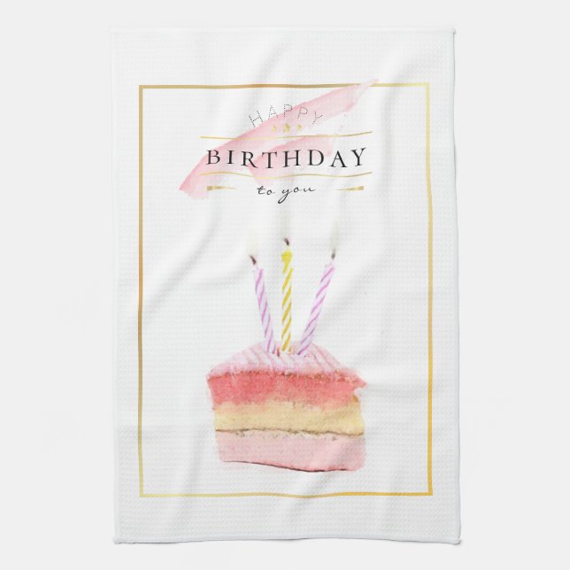 Elegant Golden Frame Birthday Cake Slice Tea Towel (Vertical)