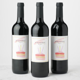 Elegant Golden Frame Birthday Cake Slice Wine Label