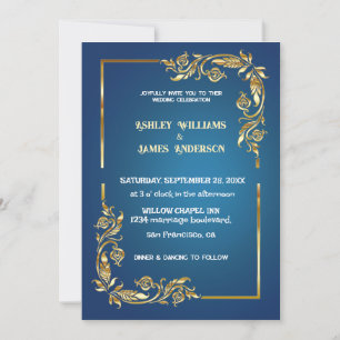 Elegant golden frame Watercolor Wedding Invitation